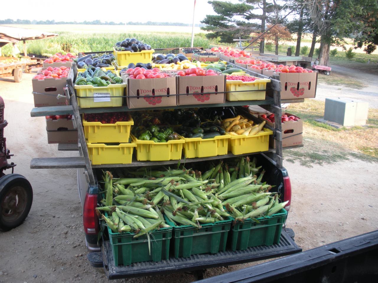 A truck bed loaded with crates of produce